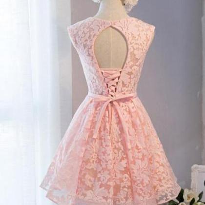 Pink Lace Knee Length Party Dress, Homecoming..