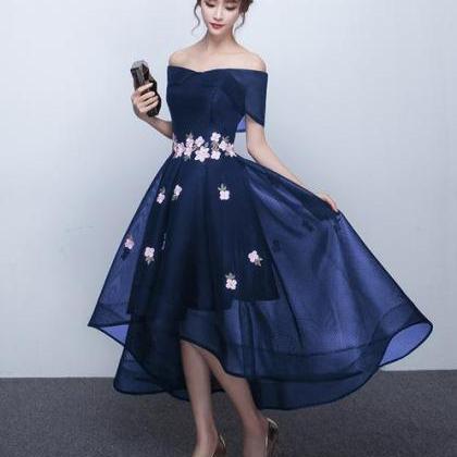 Chic Off The Shoulder Navy Blue High Low Prom..