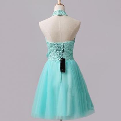 Cute Mint Halter Lace Flowers Homecoming Dresses,..