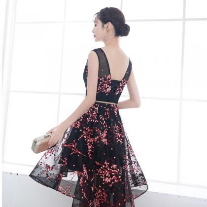 Adorable Black Floral High Low Homecoming Dress, V-neckline Short Prom ...