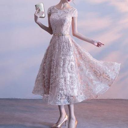 Cute Cap Sleeves Lace Tea Length Bridesmaid Dress,..