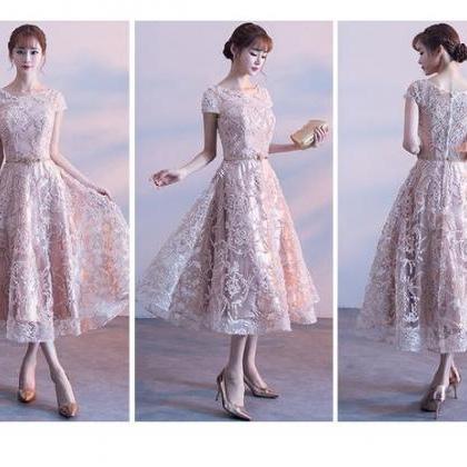 Cute Cap Sleeves Lace Tea Length Bridesmaid Dress,..