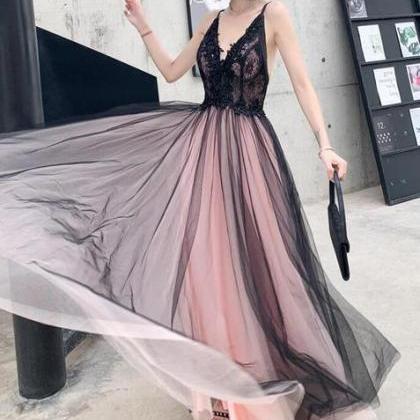 Fashionable Pink And Black Tulle V-neckline Party..