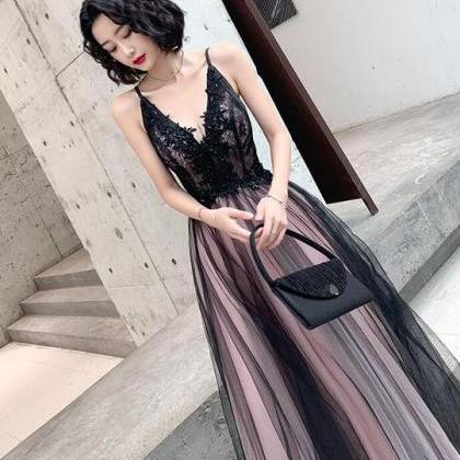 Fashionable Pink And Black Tulle V-neckline Party..