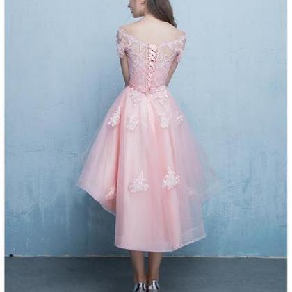 Cute Pink High Low Off Shoulder Prom Dress 2021,..