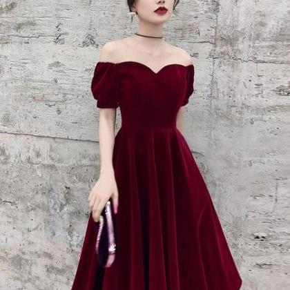 Wine Red Short Velvet Evening Dresses, Off..