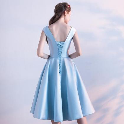 Blue Satin Knee Length Round Neckline Party Dress,..