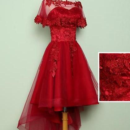 Wine Red Lace Prom Dresses, Tulle High Low Lace..
