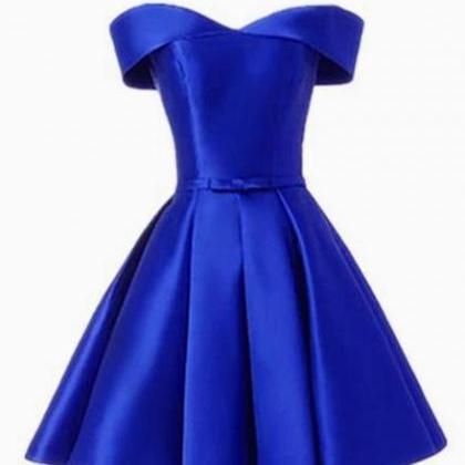 Simple Satin Off Shoulder Short Party Dress, Blue..