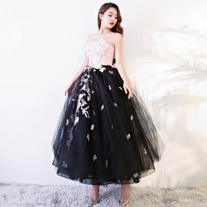Black And Pink Tulle With Lace Flowers Formal..