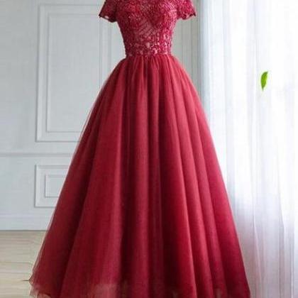 Dark Red Lace High Neckline Beaded Prom Dress,..