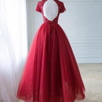 Dark Red Lace High Neckline Beaded Prom Dress,..