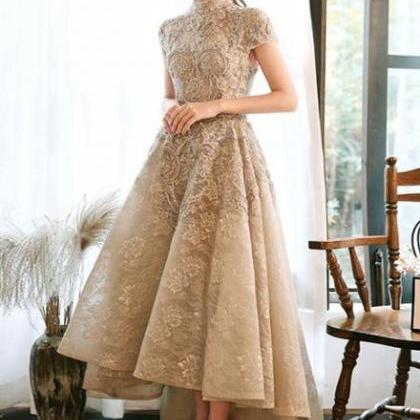 Champagne Lace Round Neckline High Low Formal..