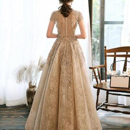 Champagne Lace Round Neckline High Low Formal..
