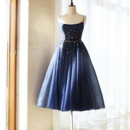 Navy Blue Tulle Straps Short Evening Dress, Blue..