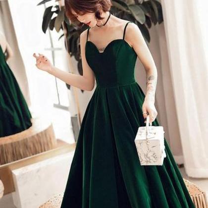 Dark Green V Back Long Velvet Elegant Party Dress,..