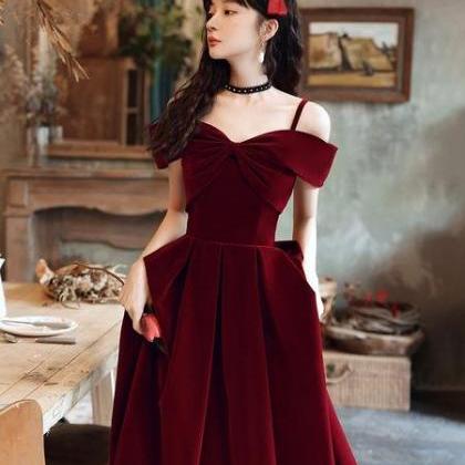 Wine Red Velvet Off Shoulder Long Evening Dress,..