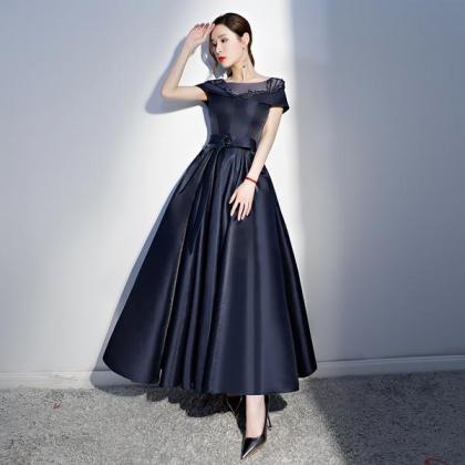 Navy Blue Satin Beaded Style Long Party Dress,..