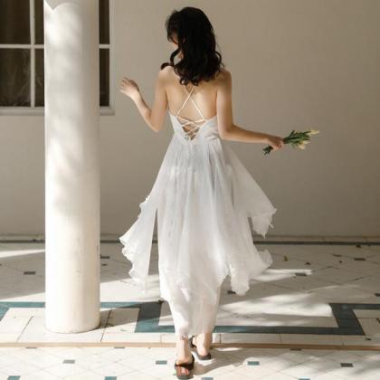 White Chiffon High Low Chic Simple Wedding Party..