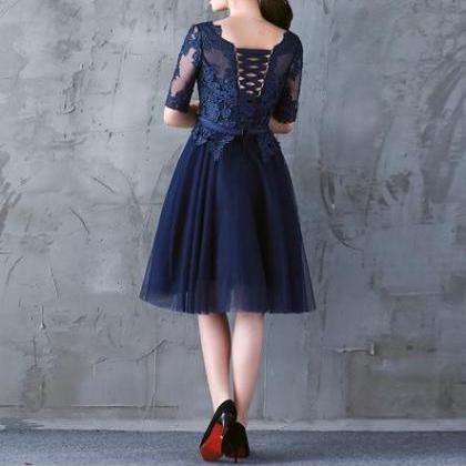 Navy Blue Lace Short Sleeves Tulle Short..