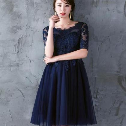 Navy Blue Lace Short Sleeves Tulle Short..