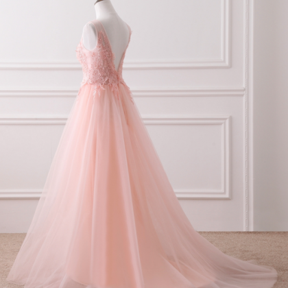 Pink Tulle Round Lace Applique Long Formal Dress,..