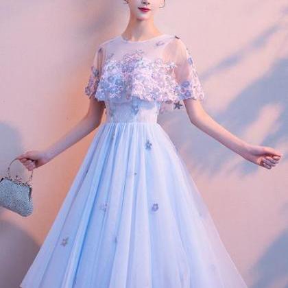 Light Blue Flowers Tulle Short Homecoming Dress,..