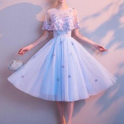 Light Blue Flowers Tulle Short Homecoming Dress,..