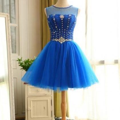 Blue Beaded Tulle Short Cute Homecoming Dress,..
