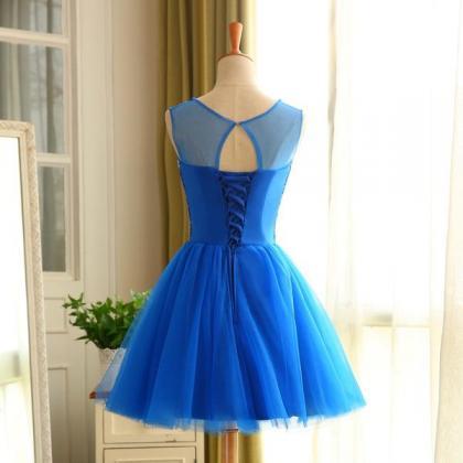 Blue Beaded Tulle Short Cute Homecoming Dress,..