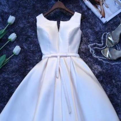 Ivory Satin Short Simple Cute Bridesmaid Dress..