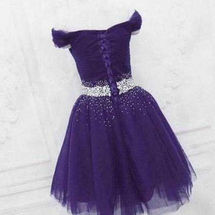 Purple Tulle Beaded Cute Off Shoulder Short Prom..