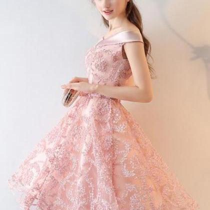 Pink Lace Off Shoulder Short Party Dress..