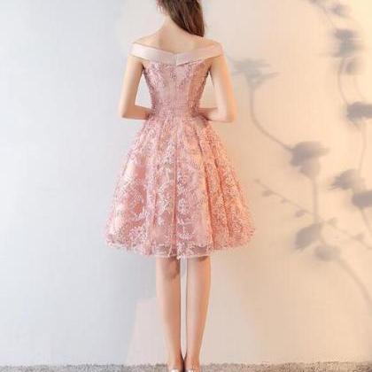 Pink Lace Off Shoulder Short Party Dress..