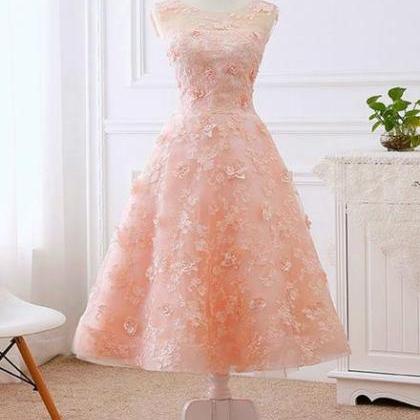 Pretty Pink Tea Length Flower Lace Wedding Party..