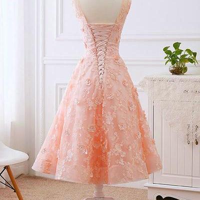 Pretty Pink Tea Length Flower Lace Wedding Party..