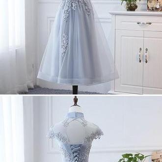 Light Grey Tulle With Lace Short Party Dress..