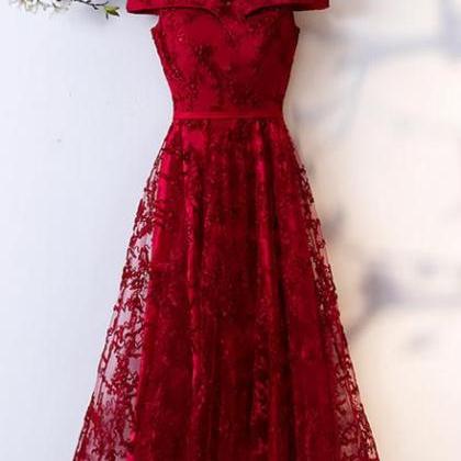 Dark Red Lace Off Shoulder Short Party Dress..