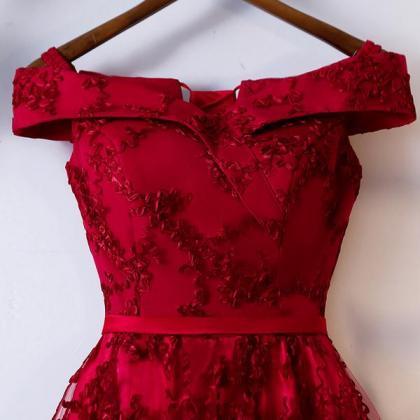 Dark Red Lace Off Shoulder Short Party Dress..