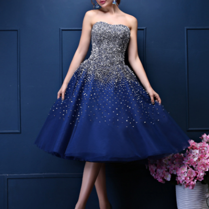Navy Blue Sequins Sweetheart Tulle Knee Length..