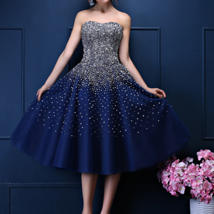 Navy Blue Sequins Sweetheart Tulle Knee Length..