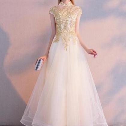 Light Champagne Cute Tulle High Neckline With Gold..