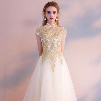 Light Champagne Cute Tulle High Neckline With Gold..