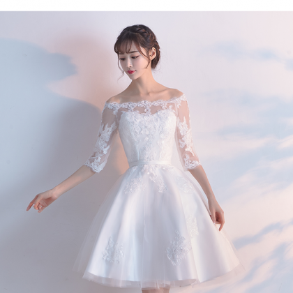 White Lace Short Sleeves Homecoming Dress Party..