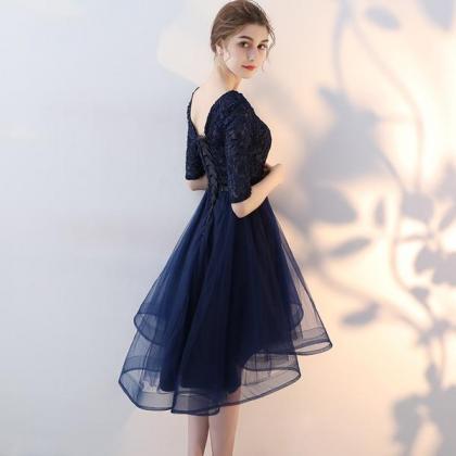 Navy Blue Lace And Tulle Short Sleeves Homecoming..