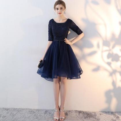 Navy Blue Lace And Tulle Short Sleeves Homecoming..