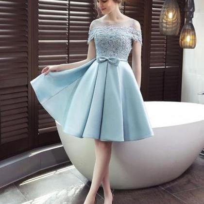 Light Blue Satin Lace Top Off Shoulder Homecoming..