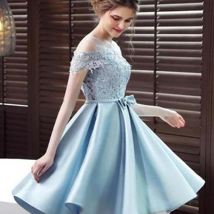 Light Blue Satin Lace Top Off Shoulder Homecoming..