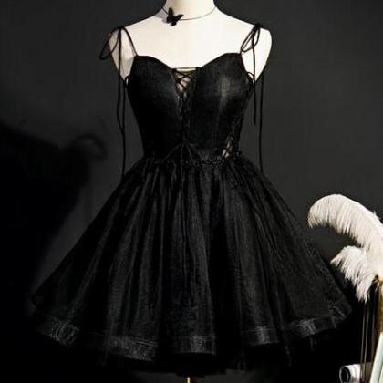 Black Straps Tulle Short Homecoming Dress Prom..