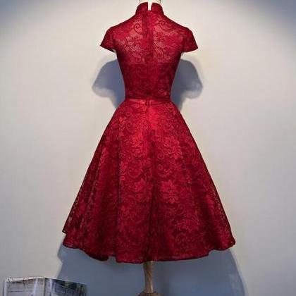 Wine Red Lace Tea Length Wedding Party Dresses,..